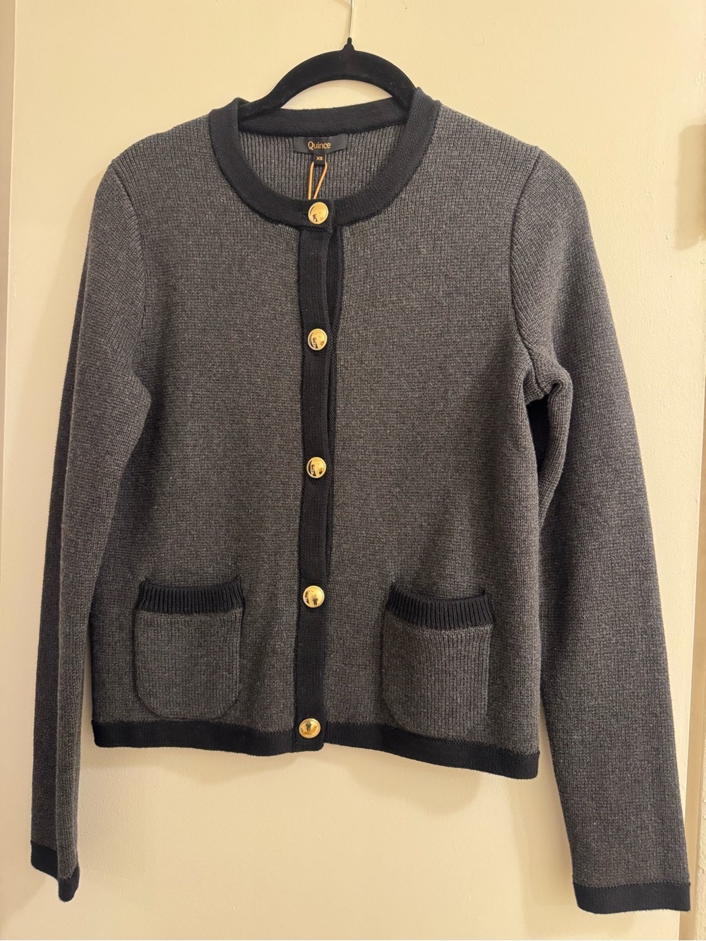 Quince 100% Organic Cotton Sweater Jacket XS Charcoal/Black NWT